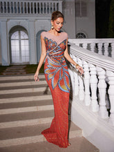 Hank Rhinestone Printed Mesh Maxi Dress